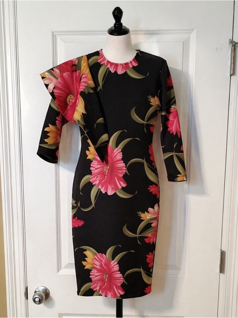Black Midi Dress with Pink Floral Print